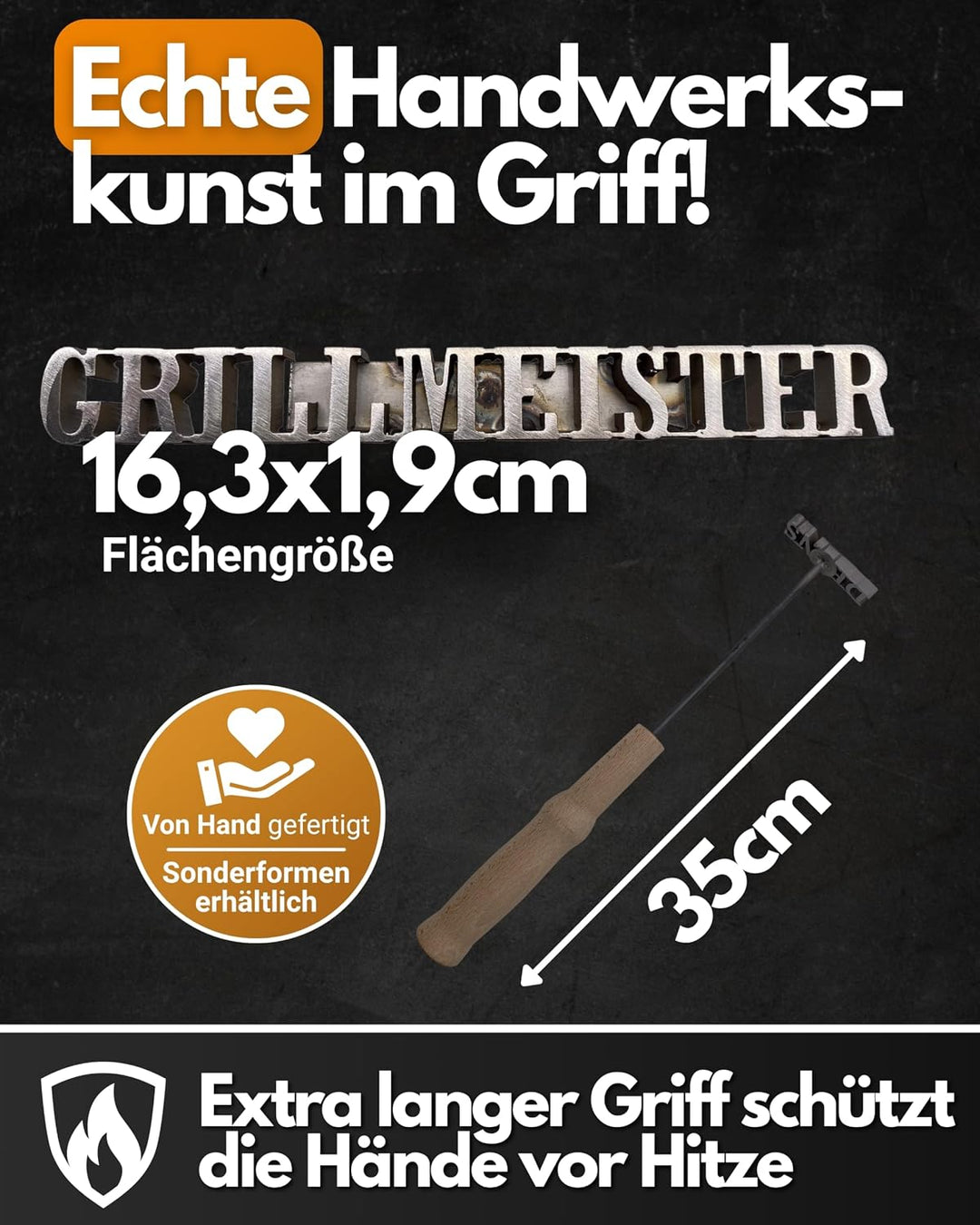 Feuerfest 123 Brennstempel mit Grillmeister-Motiv I 16,3 x 1,9 x 35 cm I Grill-Stempel aus robustem