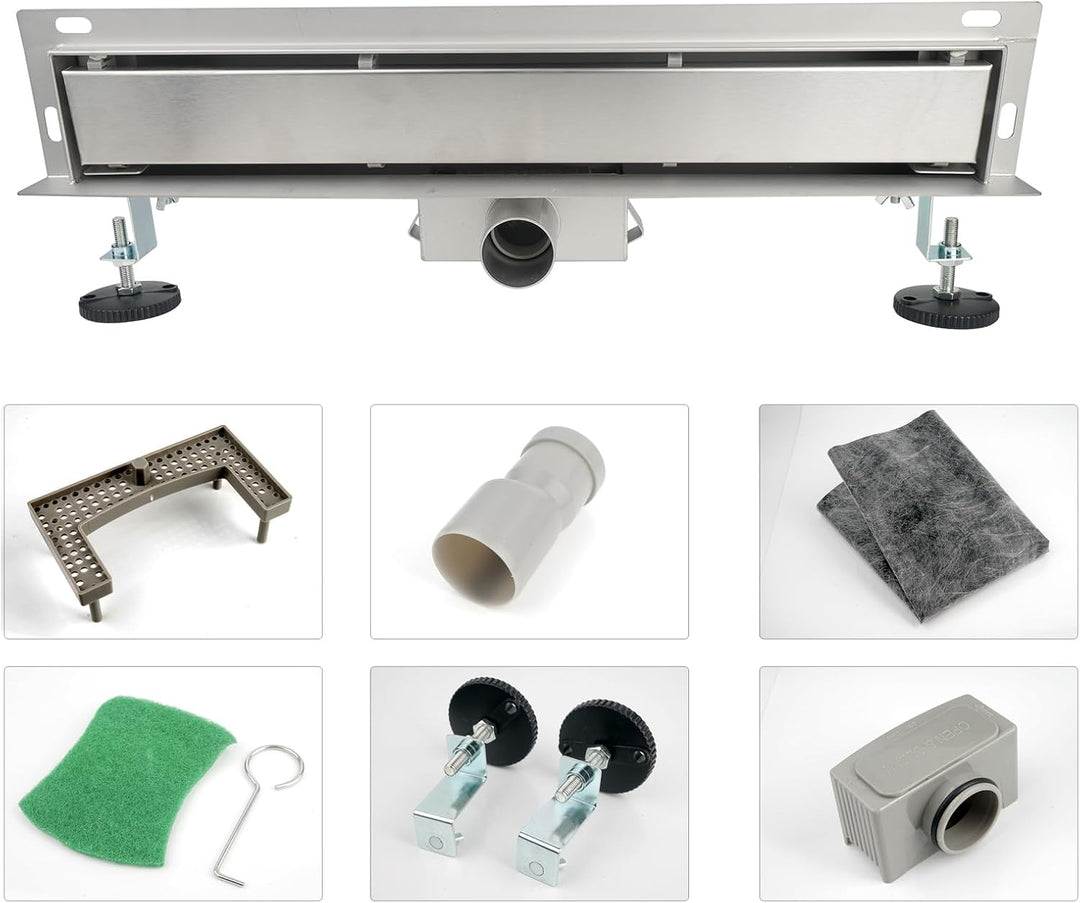 Duschrinne, Edelstahl Komplettset Wandablauf Wandmontage Befliesbar Haarsieb Rinne mit Siphon Montag