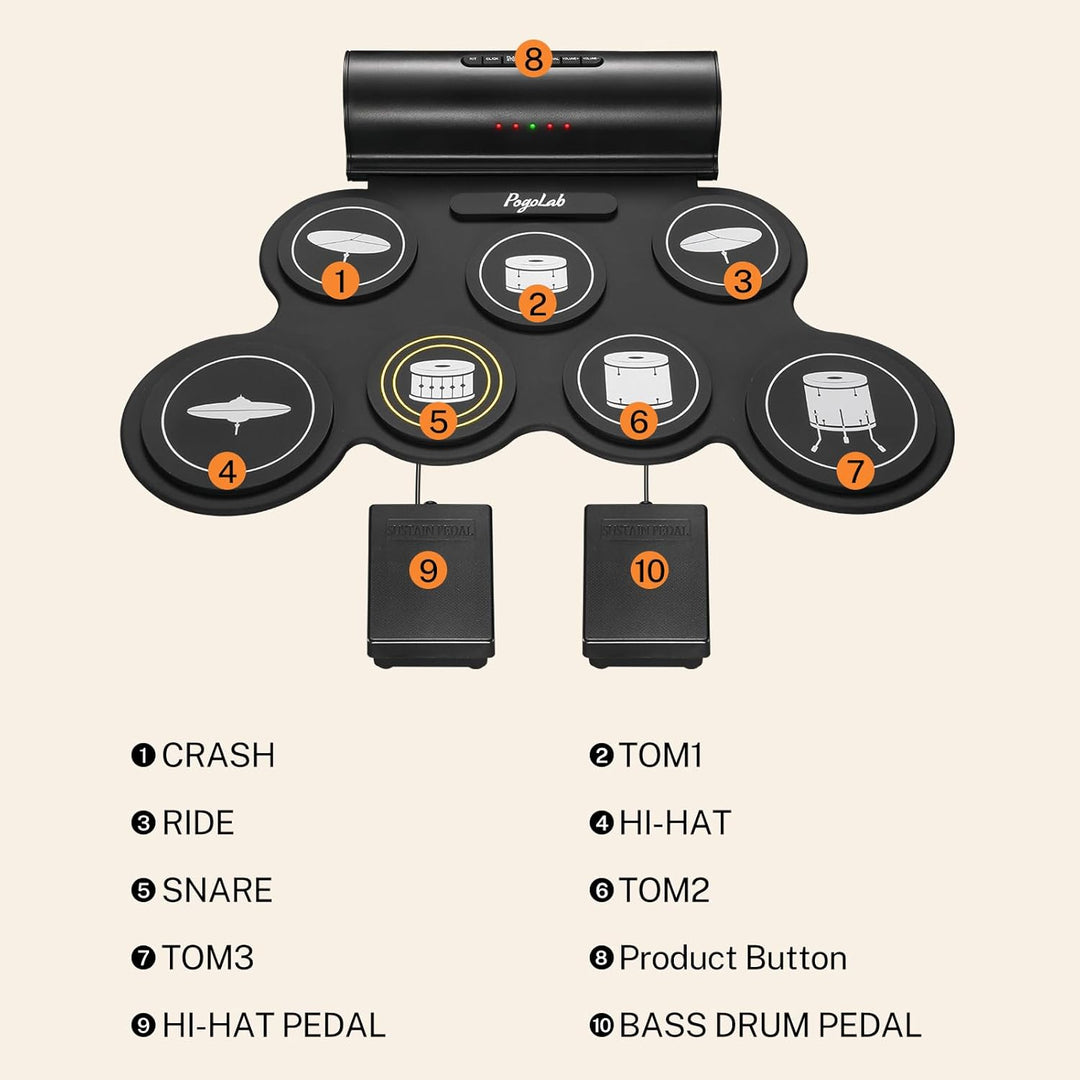 POGOLAB Aufrollen E-Drum Set, 7 digitale Drum Pad Schlagzeug Elektronisch, Drahtlose Funktion, mit z