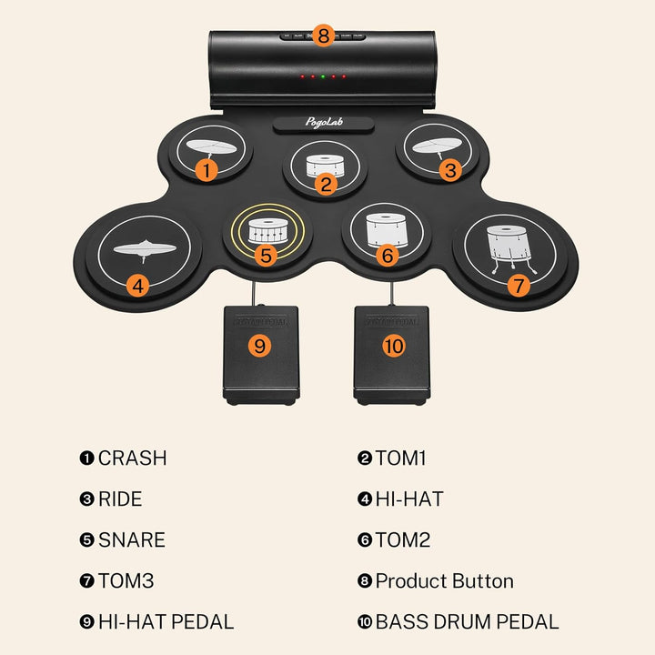 POGOLAB Aufrollen E-Drum Set, 7 digitale Drum Pad Schlagzeug Elektronisch, Drahtlose Funktion, mit z
