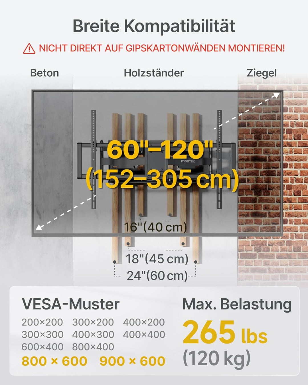 monTEK Heavy-Duty XXL vollbewegliche TV Wandhalterung, für extra grosse 60–120-Zoll-Fernseher – Trag