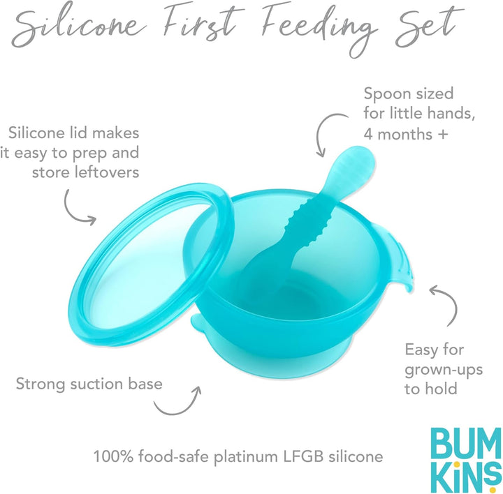 Bumkins - Erstes Baby Fütterungsset aus Silikon mit Saugnapf, Deckel und Löffel, Blau Jelly Blue Jel