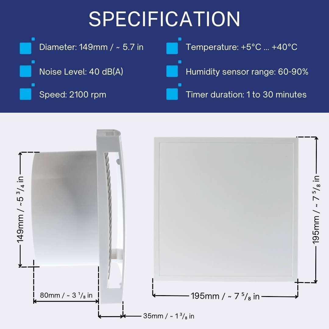 EUROPLAST Ø 150mm Bad-Lüfter mit Feuchtesensor und Timer - mit Weiss Front, Leise Ventilator Ø 150mm