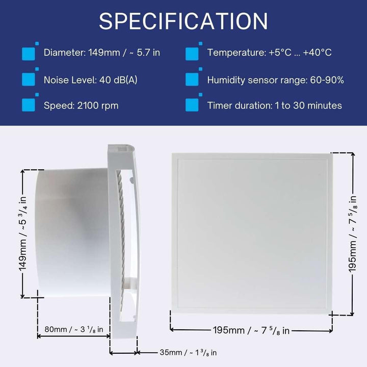 EUROPLAST Ø 150mm Bad-Lüfter mit Feuchtesensor und Timer - mit Weiss Front, Leise Ventilator Ø 150mm