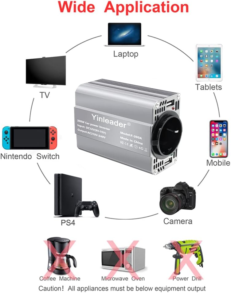 Yinleader 200W 12V auf 230V Wechselrichter 1 EU-Steckdosen 2 USB Auto -Konverter Kfz-Spannungswandle