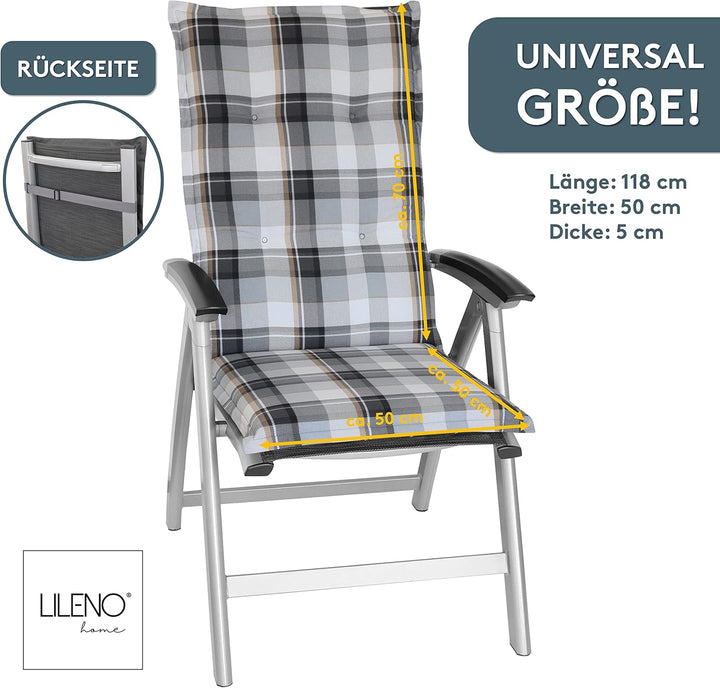 LILENO HOME Gartenstuhl Auflagen als [2er Set - Hochlehner] in Karo Grau - Bequeme Liegen als Sitzau