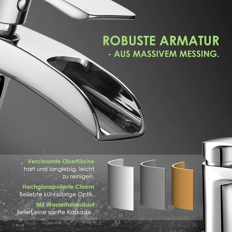 Design Wasserfall Wasserhahn Chrom Waschtischarmatur Einhebelmischer-Waschtischbatterie Bad Armatur