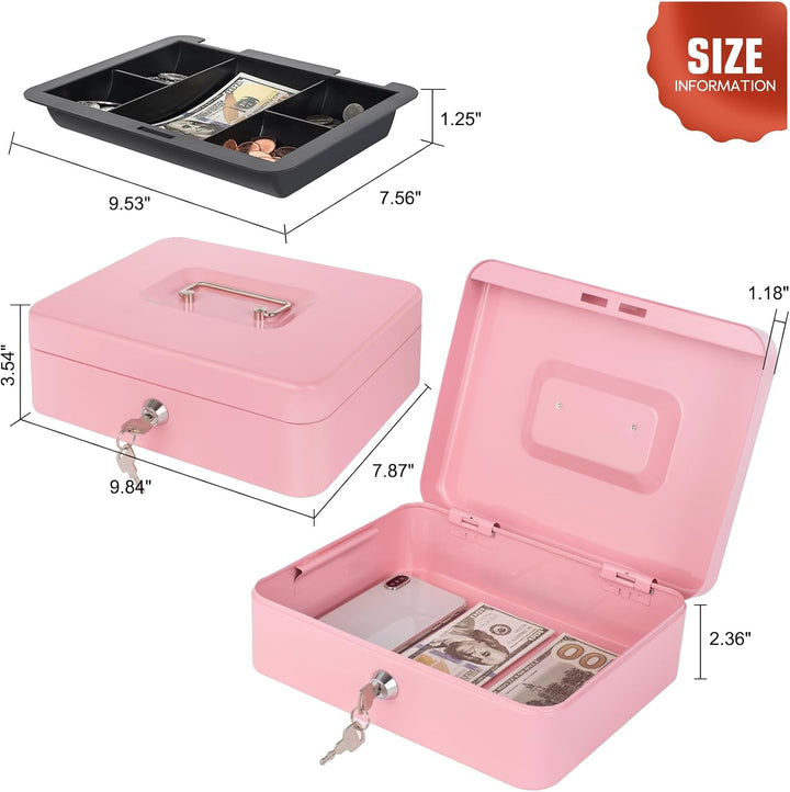 Rosa Geldkassette mit Geldablage und Schloss, Metall-Spardose für Bargeld, Schlosskasten für Geld, 2