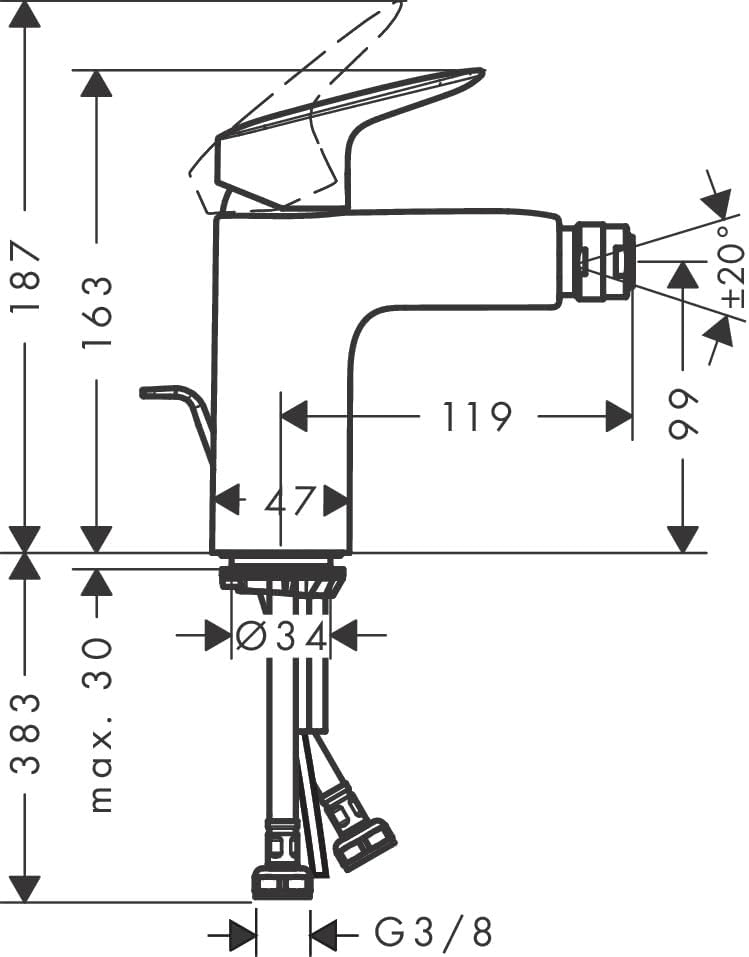 hansgrohe Logis - Bidetarmatur mit Zugstange, Bidetmischer mit Auslauf Höhe 100mm, Badarmatur, Matts