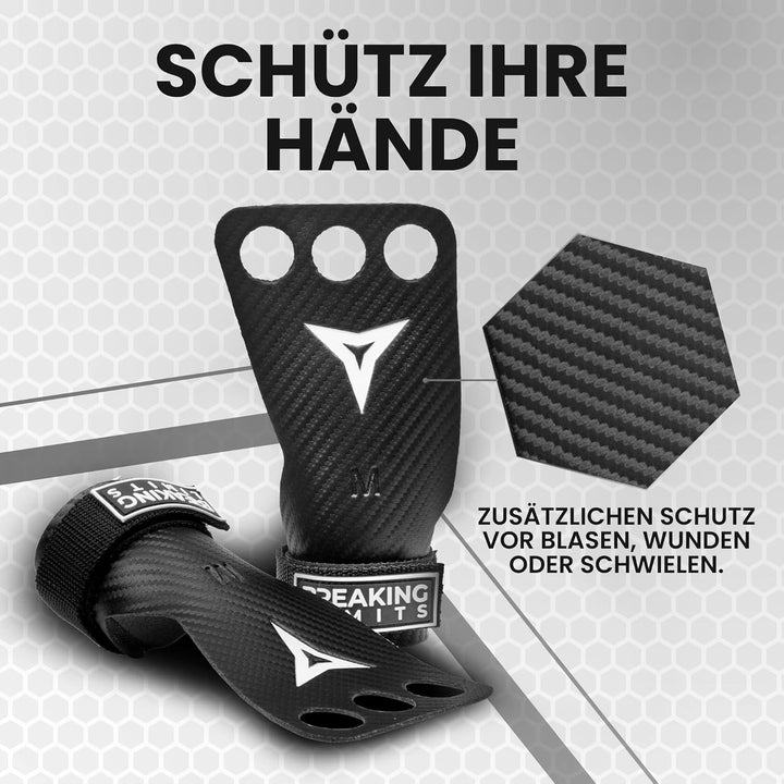 BREAKING LIMITS Crossfit Grips - Carbon-Mikrofaser-Fitness-Handschuhe mit 3 Fingerlöchern - Handschu