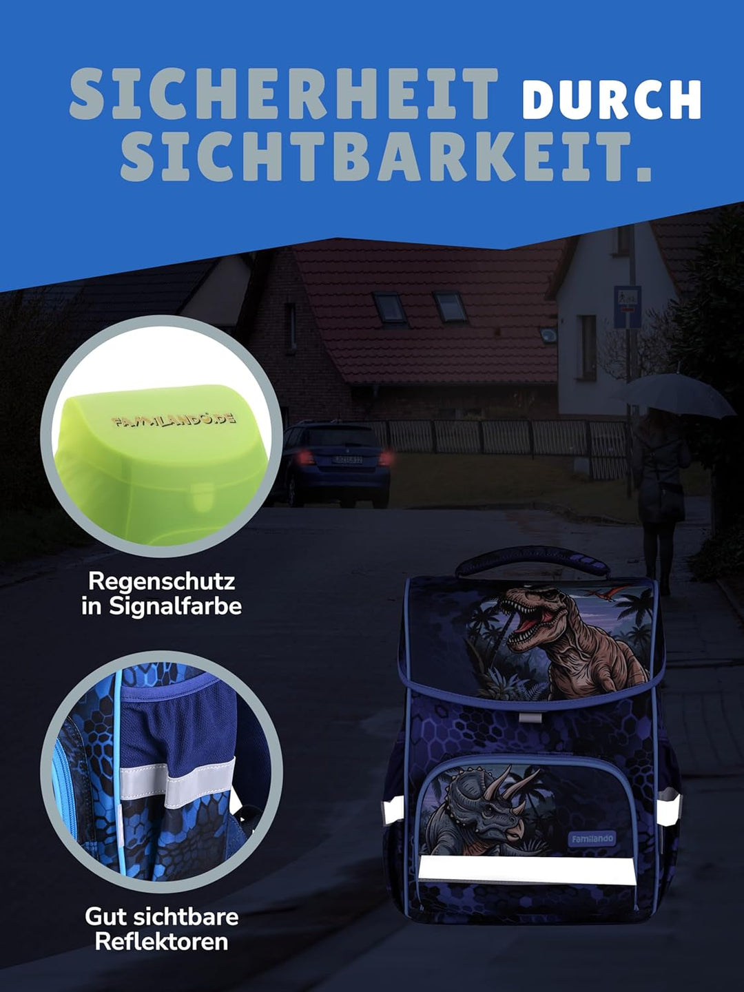 Familando - Basic-Plus Schulranzen Set - 10-teilig mit Schultüte - T-REX Dino - Ergonomisch, stabil