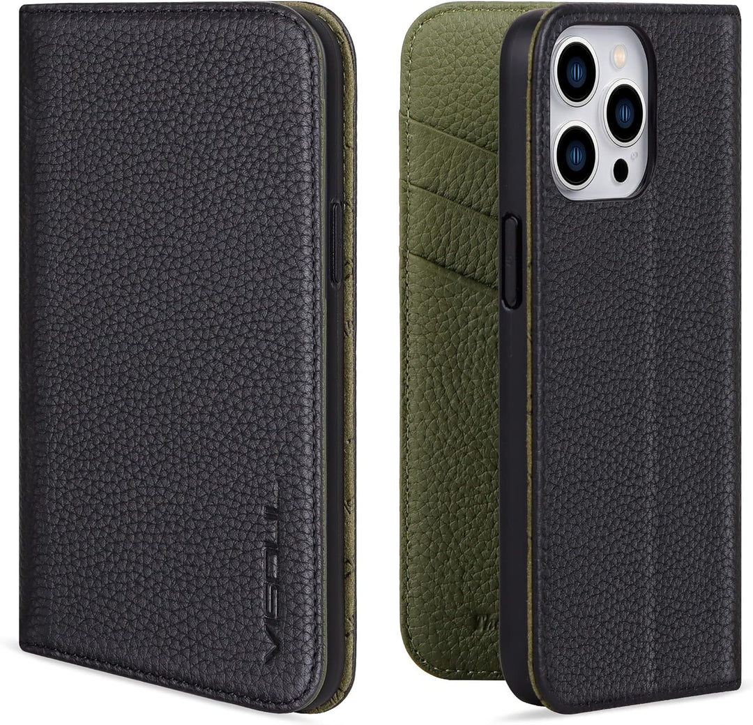 VISOUL iPhone 14 Pro Hülle, Handyhülle iPhone 14 Pro [100% Echtleder] [3 Kartenfächer] [Verdichtes T