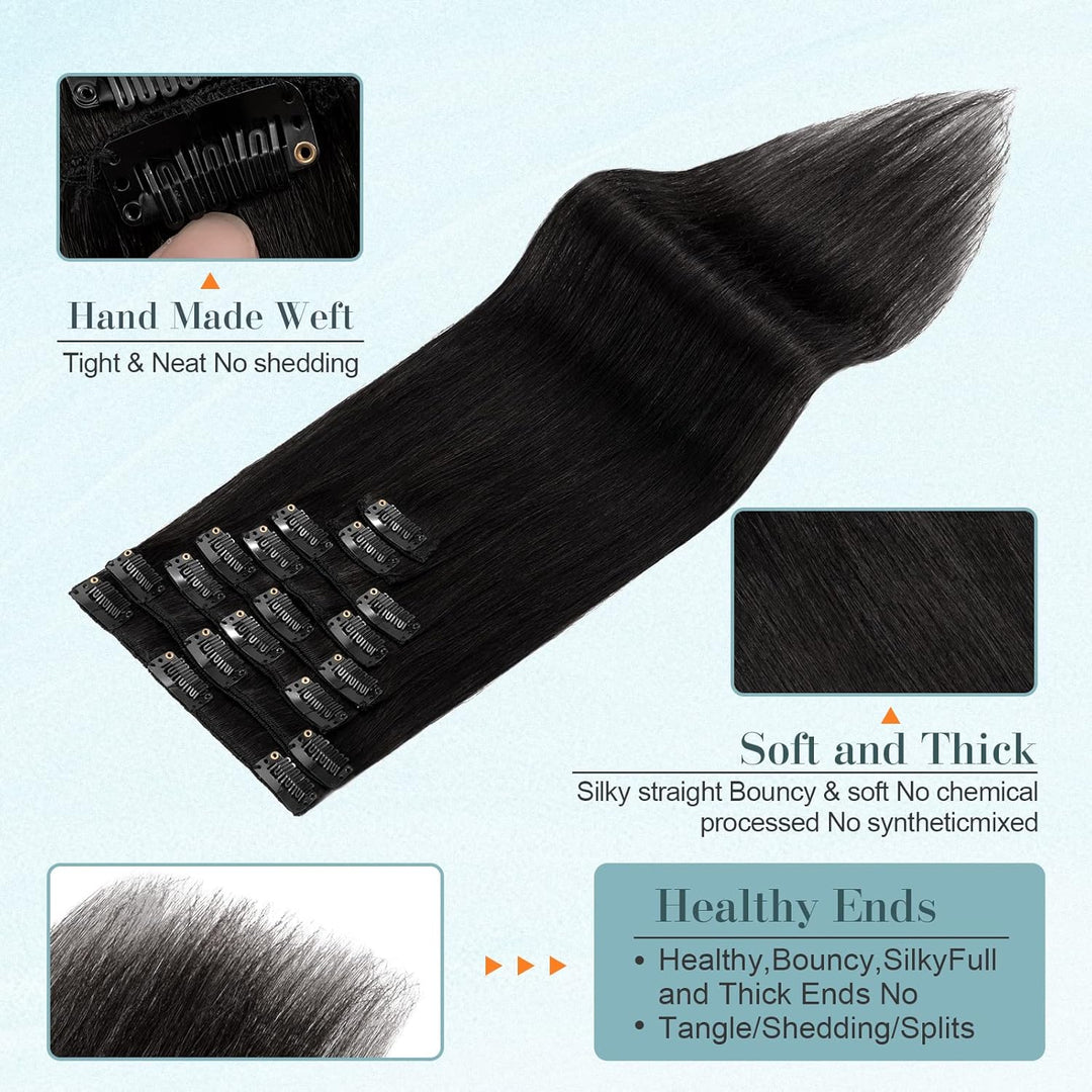 Benehair Clip in Extensions Echthaar, 8 Stück 100% Echtes Haar Extension 55g, Dunkles Schwarz Haarve