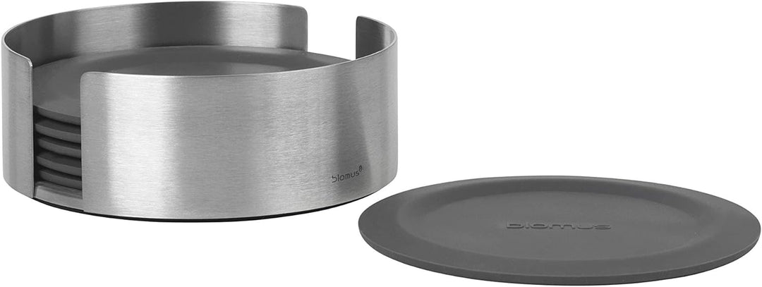 blomus -LARETO- Set aus 6 Silikon-Untersetzern, dunkler Grauton, inkl. Edelstahlhalter, Farbe Magnet