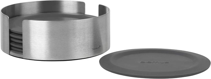 blomus -LARETO- Set aus 6 Silikon-Untersetzern, dunkler Grauton, inkl. Edelstahlhalter, Farbe Magnet