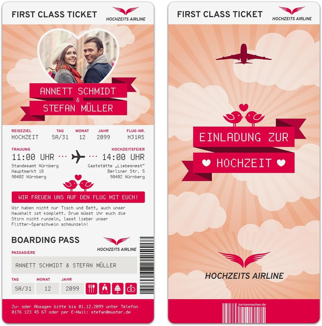 Kartenmachen.de Personalisierte Hochzeit Einladungen (10-100 Stück) - First Class Flugticket - Hochz