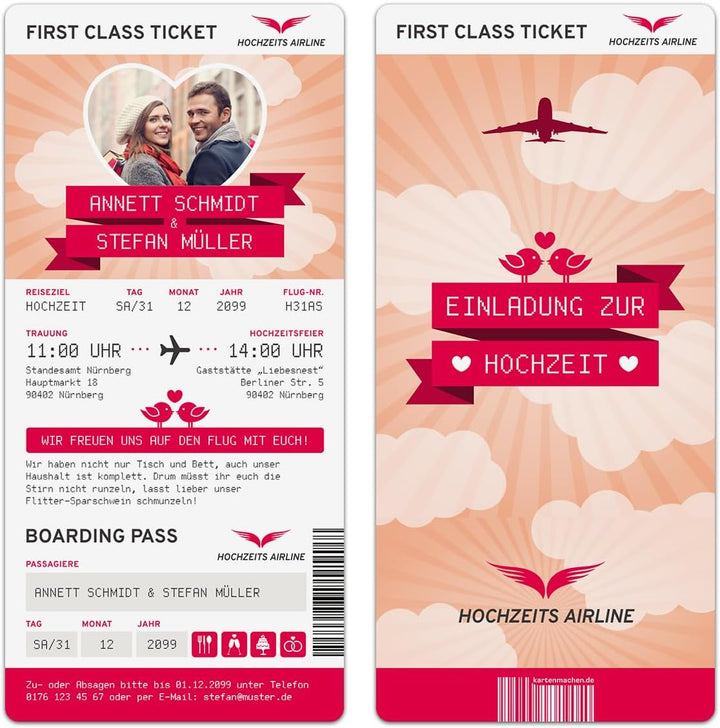 Kartenmachen.de Personalisierte Hochzeit Einladungen (10-100 Stück) - First Class Flugticket - Hochz