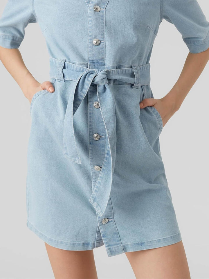 VERO MODA Damen Vmcali Ss Denim Button Dress Kleid M Light Blue Denim, M Light Blue Denim