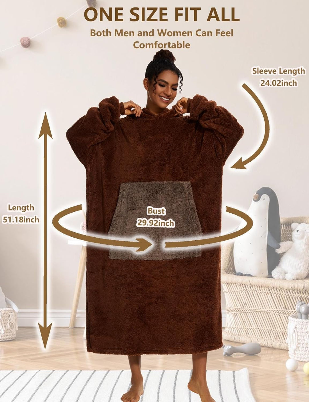 Hooded Blanket Sweatshirt Oversized Pullover Damen Riesige Fronttasche Plüsch Tragbare Decke mit Ärm