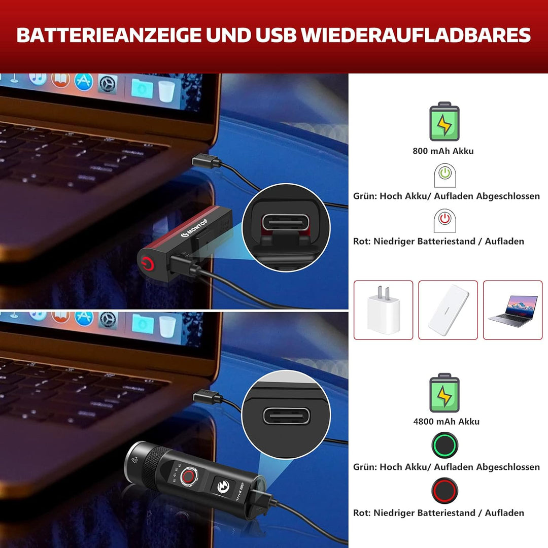 MONTOP StVZO Zugelassen Fahrradlicht Set 100LUX Super Hell LED Fahrradbeleuchtung USB Akku Fahrradla
