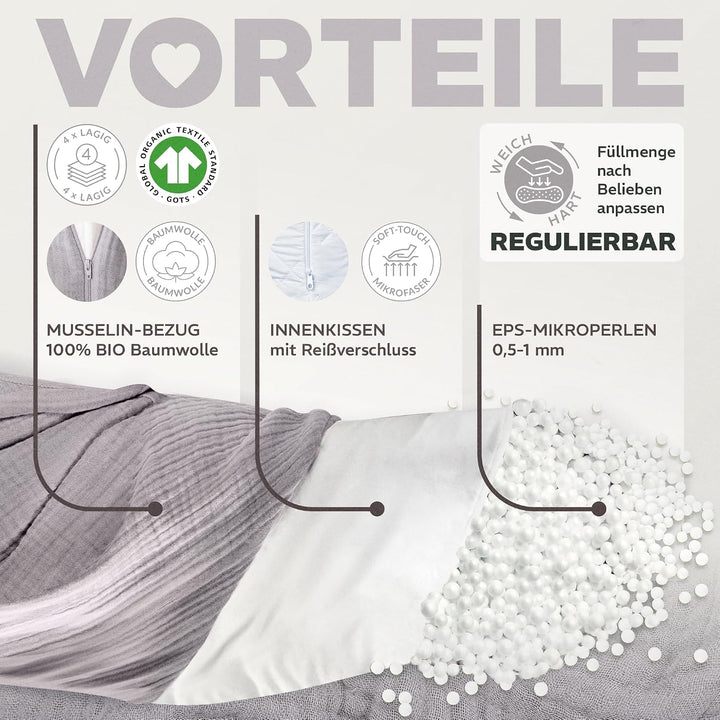 sei Design Stillkissen XXL Mikroperlen-Füllung mit Musselin-Bezug aus Baumwolle [100% Bio-Baumwolle