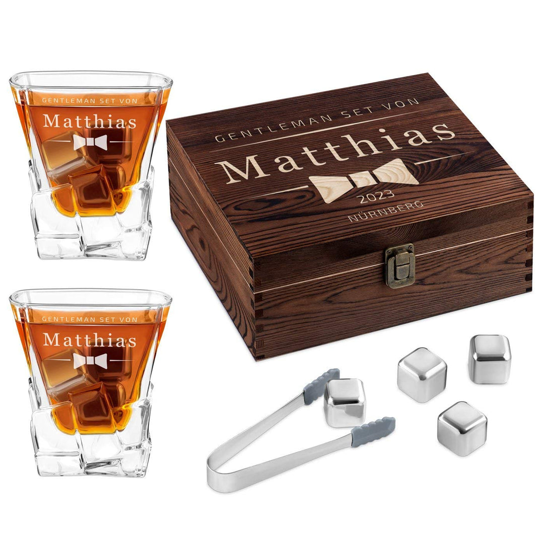 Maverton Whisky Steine Set - in Holzbox mit Gravur - 8 Eiswürfel + 2 Whisky Gläser + Zange + Samtbeu