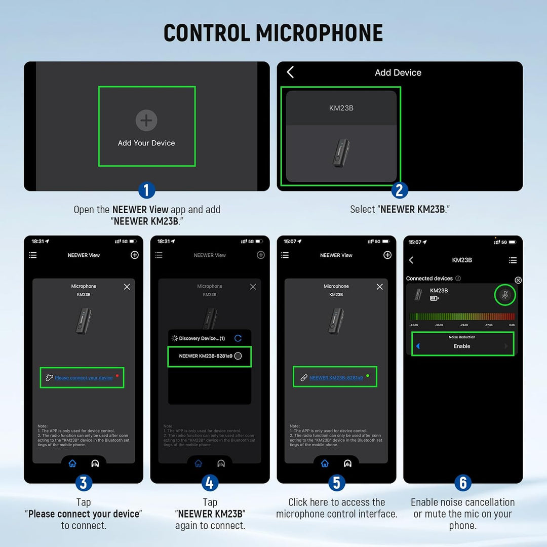 NEEWER KM23B Drahtloses Lavalier Mikrofon Bluetooth App Steuerung, kompatibel mit iPhone und Android