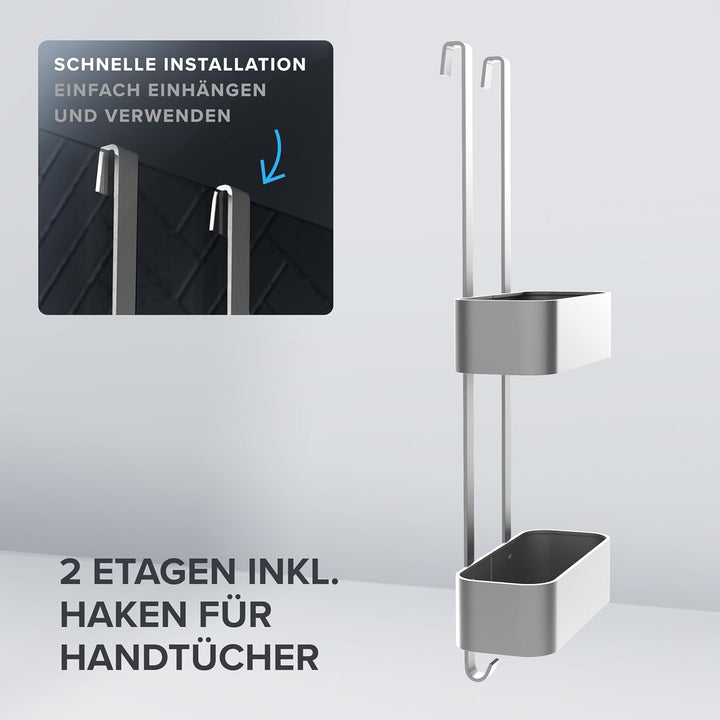 Duschablage Vanas in silber als Badezimmer Organizer ohne Bohren | 2 stöckiger Duschkorb zum Hängen