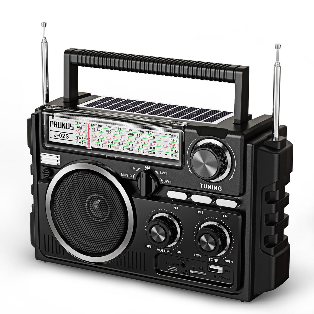 PRUNUS J-02 AM/FM/SW Weltempfänger Radio Klein, Solar Radio mit Akku 1800mAh oder D-Zellen Batterien