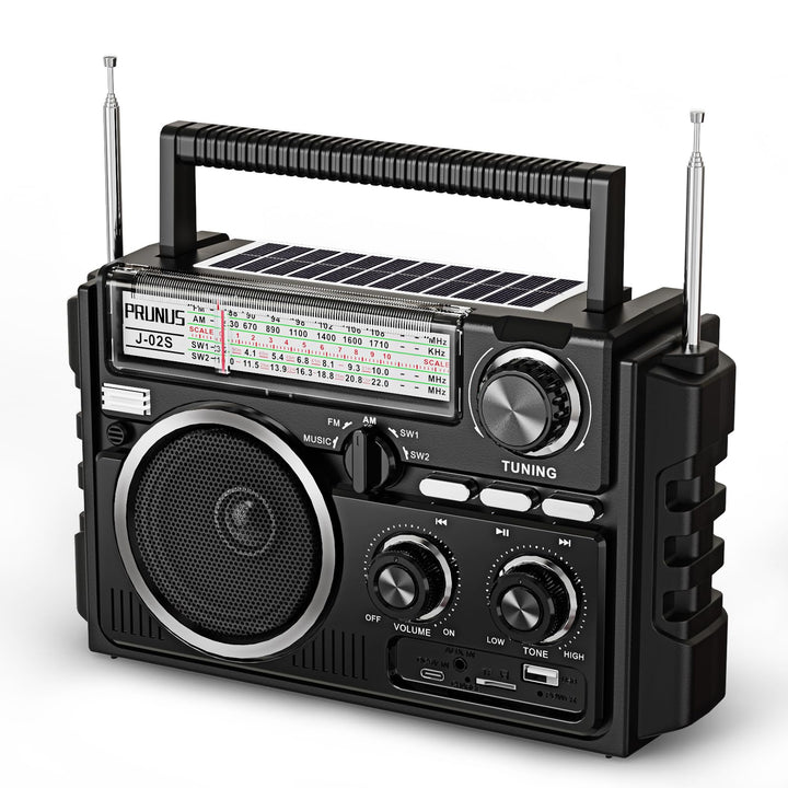 PRUNUS J-02 AM/FM/SW Weltempfänger Radio Klein, Solar Radio mit Akku 1800mAh oder D-Zellen Batterien