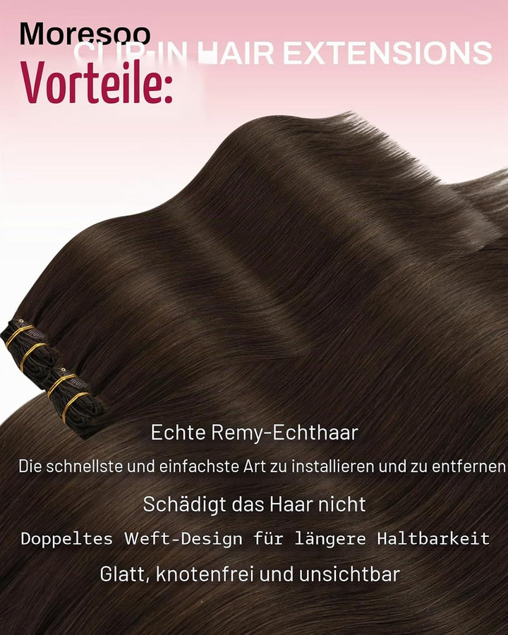 Moresoo Clip in Extensions Echthaar, Salon Qualität Weiches Glattes Haar 25 cm 5 Stück 80g Echthaar