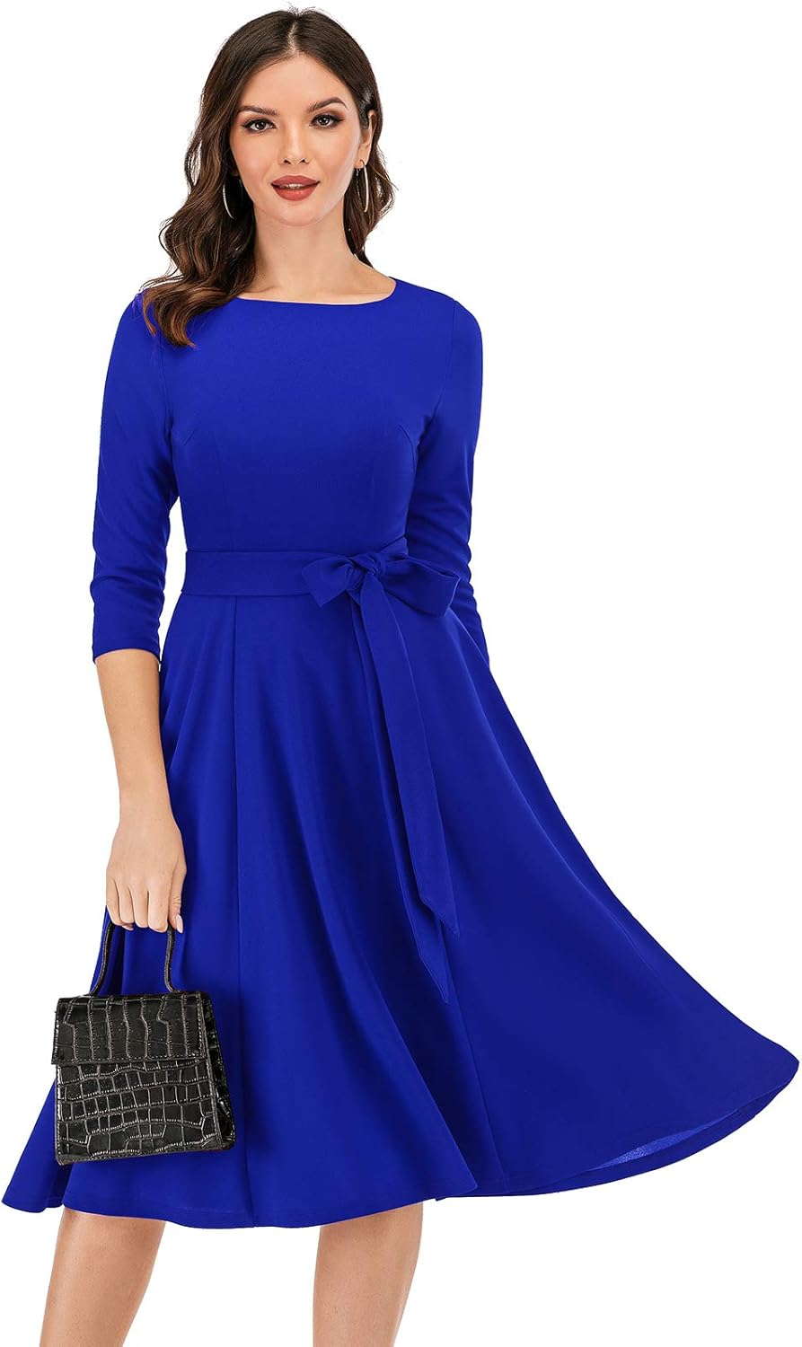 DRESSTELLS Damen 1950s Retro Vintage Rockabilly Kleid Festliches Partykleider Knielang 3/4 Arm Ballk
