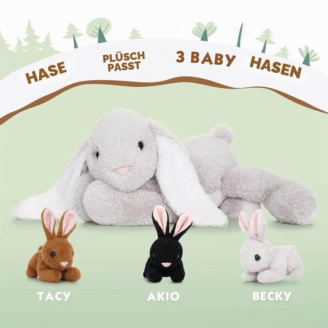 MorisMos Hase Kuscheltier XXL, 60cm Riesen Plüschtier Hase mit 3 Baby, Gross Plüschhase Stofftier We