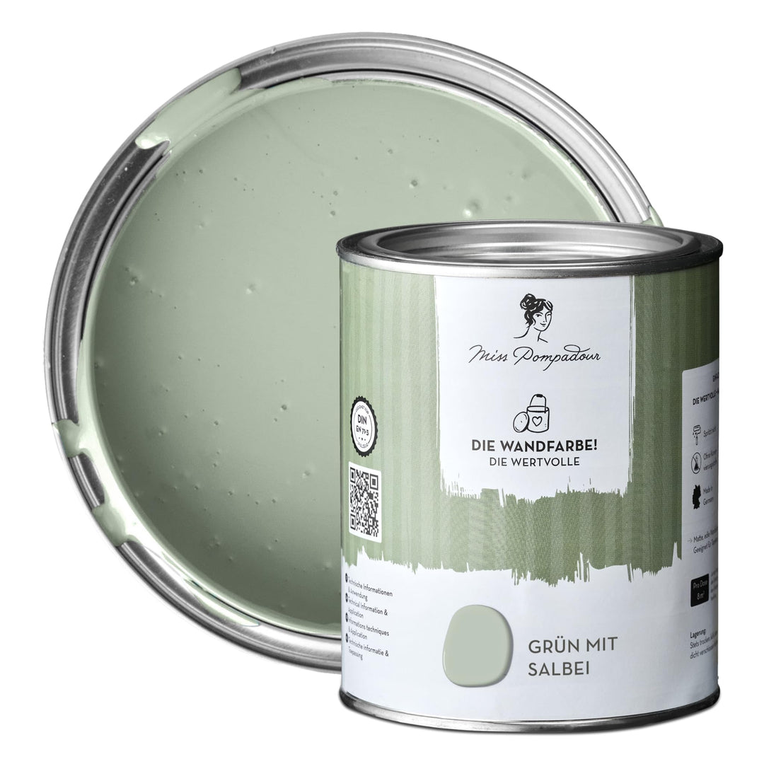 MissPompadour extramatte Wandfarbe Grün mit Salbei 1L - sehr hohe Deckkraft - geruchsneutrale, sprit