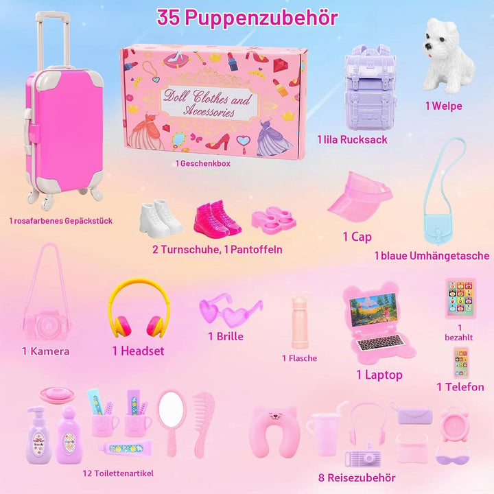 Miunana 40 PCS Spielzeugset Für Reiseaccessoires Einer Puppe Inklusive Reisegepäckkoffer 5 Kleidungs