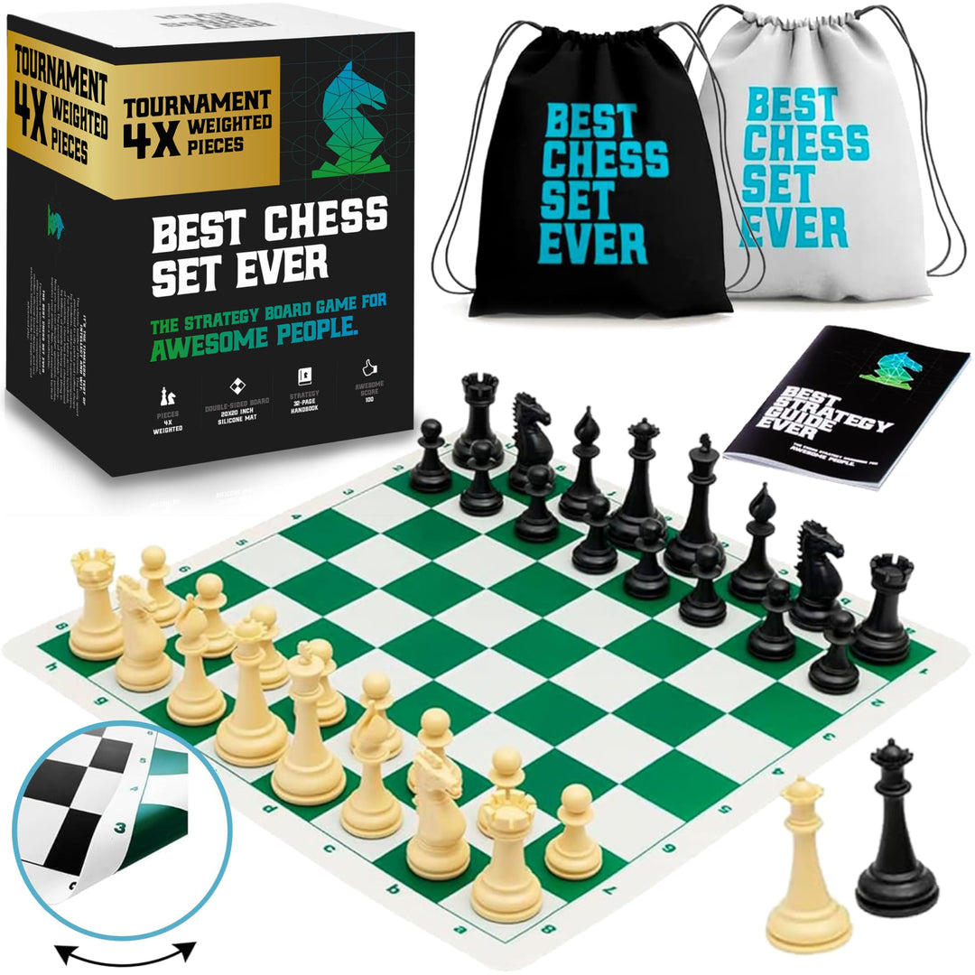 Best Chess Set Ever 4X: Turnierschach, Vierfaches Gewicht (König 11,4 cm), Silikonbrett, Beidseitig