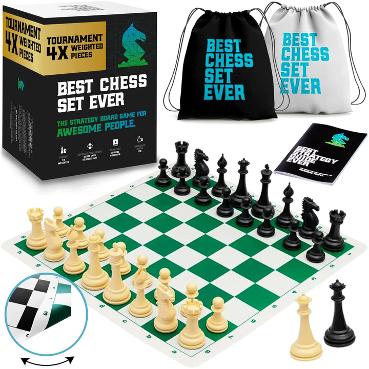 Best Chess Set Ever 4X: Turnierschach, Vierfaches Gewicht (König 11,4 cm), Silikonbrett, Beidseitig