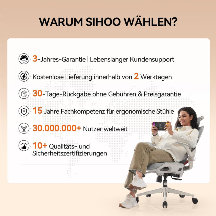 SIHOO Bürostuhl Ergonomisch, Schreibtischstuhl mit 4D Dynamischer Lordosenstütze, Breiter Kopfstütze