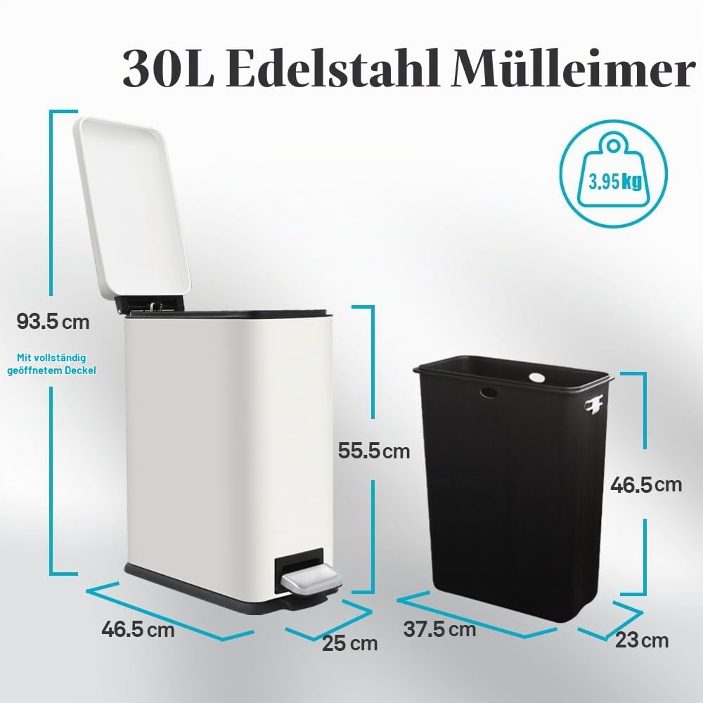 Mülleimer Küche, 30 Liter Abfalleimer, Rechteckig Tretmülleimer，Küchenmülleimer mit Softclose-Deckel