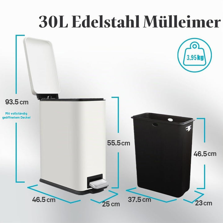 Mülleimer Küche, 30 Liter Abfalleimer, Rechteckig Tretmülleimer，Küchenmülleimer mit Softclose-Deckel