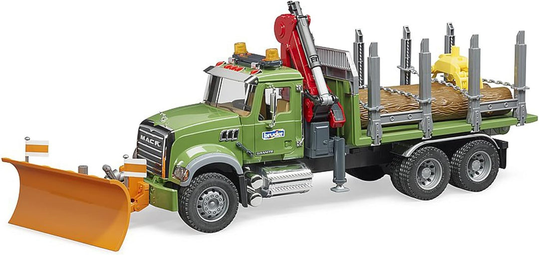 bruder 02824 - Mack Granite Holztransport-LKW mit Ladekran, Greifer & 3 Baumstämmen - 1:16 Holztrans