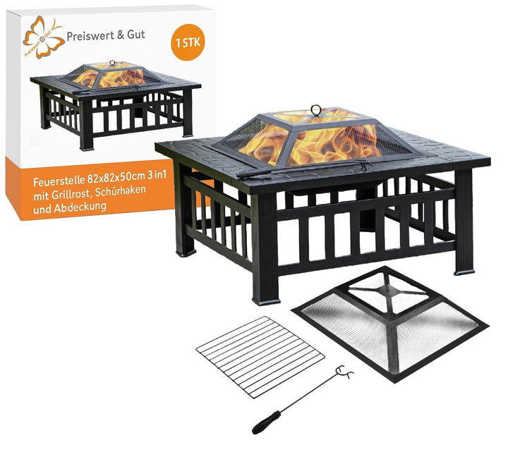 Preiswert&Gut Feuerschale mit Funkenschutz 3in1 in edler Steinoptik – Feuerstelle Terrasse als Grill