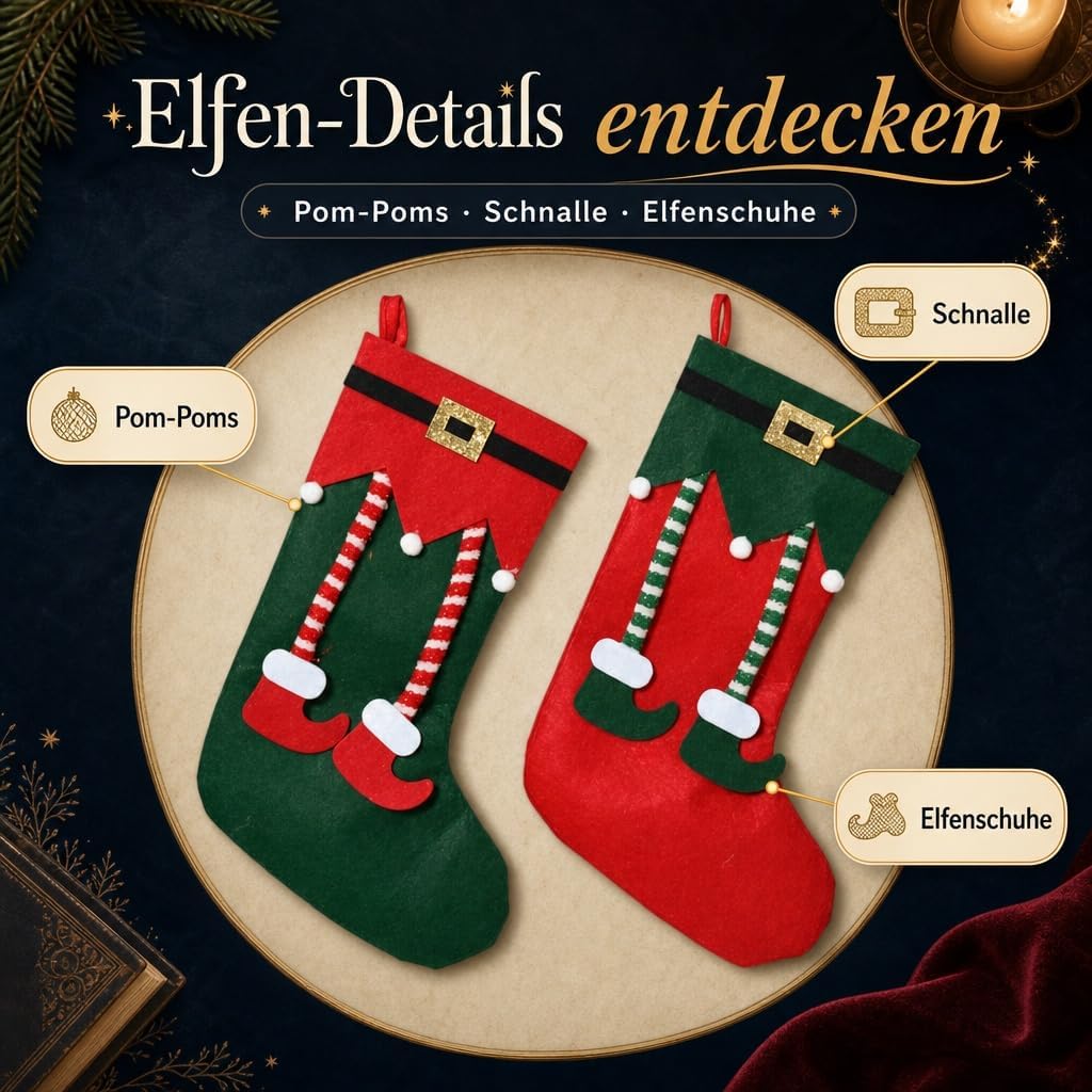 MIJOMA Weihnachtsstrümpfe 2er Set – dekorative Filz-Socken mit Elfen-Design zum Befüllen &amp; Aufhängen