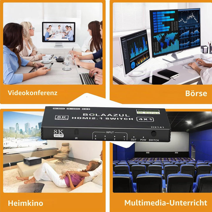 Bolaazul 8K@60Hz HDMI 2.1 Splitter Switcher Box 4-Port mit IR Fernbedienung 4K@120Hz 2K@144Hz, HDR,