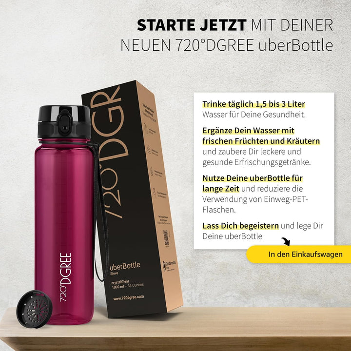 720°DGREE Trinkflasche 650ml “uberBottle“ crystalClear +Sieb - BPA-Frei - Auslaufsichere Wasserflasc