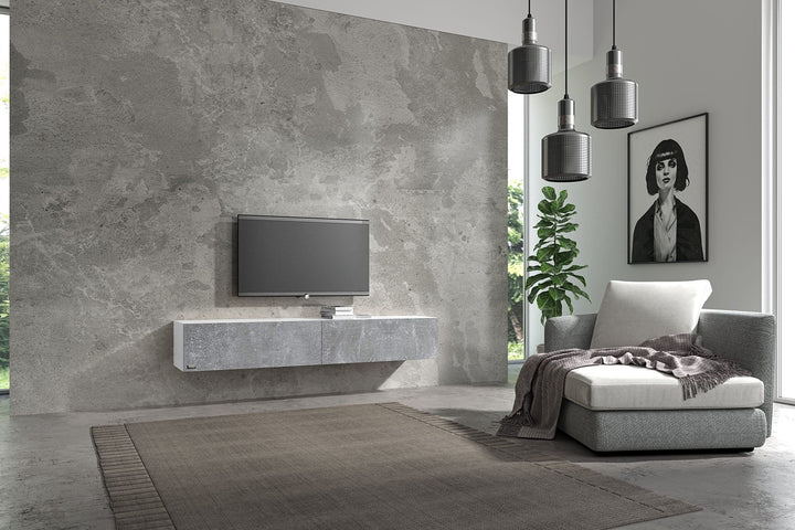 Wuun® TV Lowboard TV Board hängend I 100cm-280cm I Hängeschrank Wohnwand/Somero Weiss-Matt/Beton-Opt