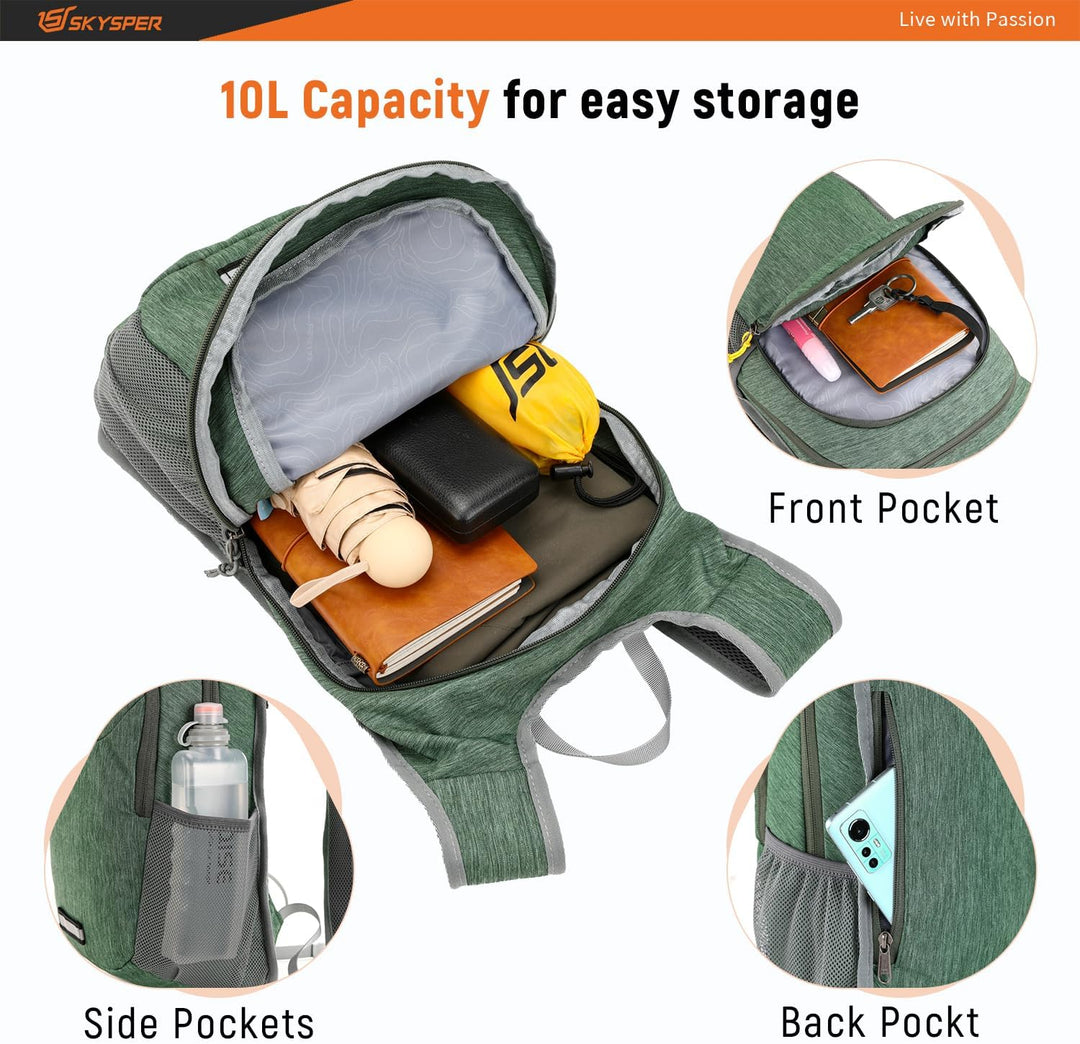SKYSPER Faltbarer Rucksack 10L Ultraleicht Tagesrucksack Daypack Wanderrucksack Klein Outdoorrucksac