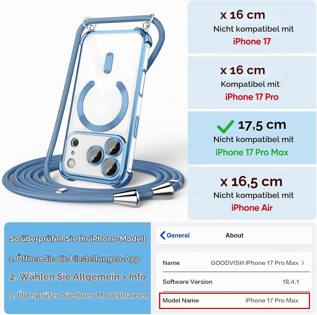GOODVISH Handykette für iPhone 17 Pro Max Hülle mit Band, mit 2 Stück Schutzfolie und Kamera Schutz,