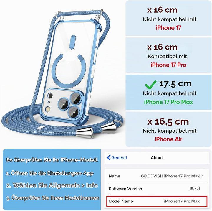 GOODVISH Handykette für iPhone 17 Pro Max Hülle mit Band, mit 2 Stück Schutzfolie und Kamera Schutz,
