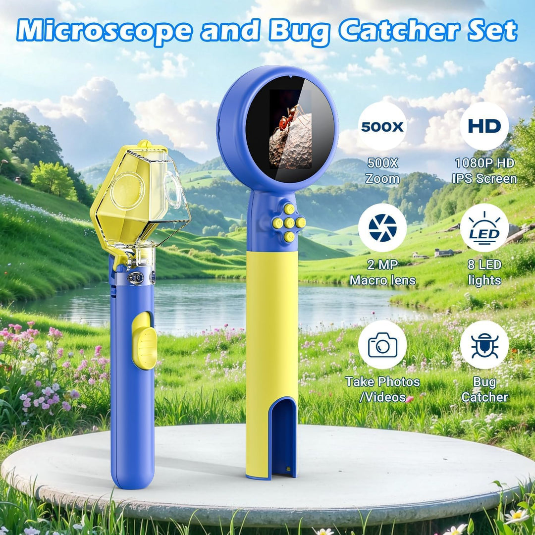 Digital Microscope with Bug Catcher for Children, 500X Digital Microscope for Kids with 2.0" HD Scre